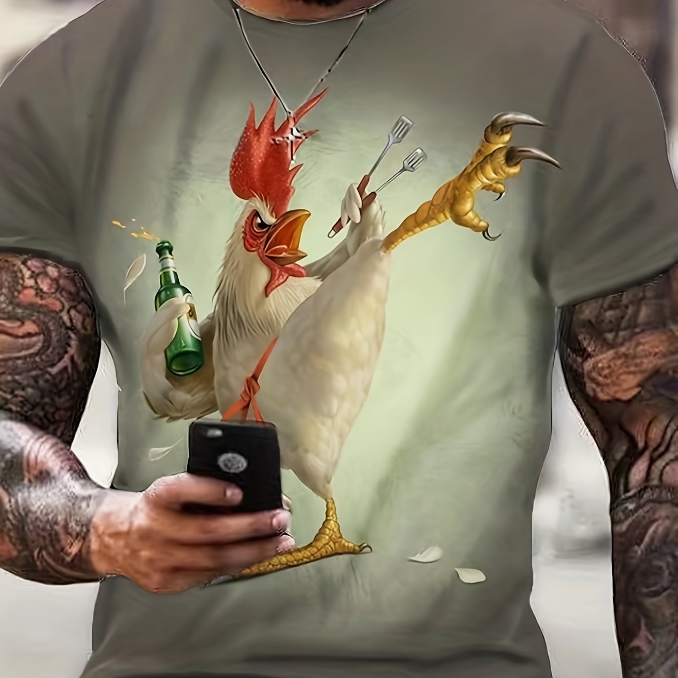 Kung Fu Rooster Pattern 3d PrintT-shirt, Men's Casual Slightly Stretch Round Neck T-shirt For Spring Summer