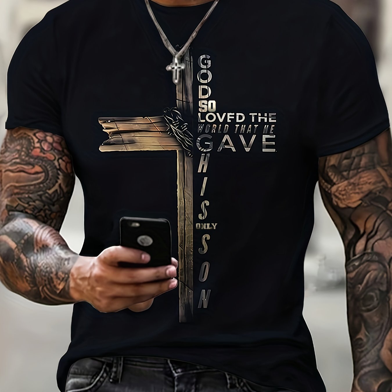 GOD & Cross Print, Men's Graphic Design Crew Neck Novel T-shirt, Casual Comfy Tees Tshirts For Summer, Men's Clothing Tops For Daily Vacation Resorts