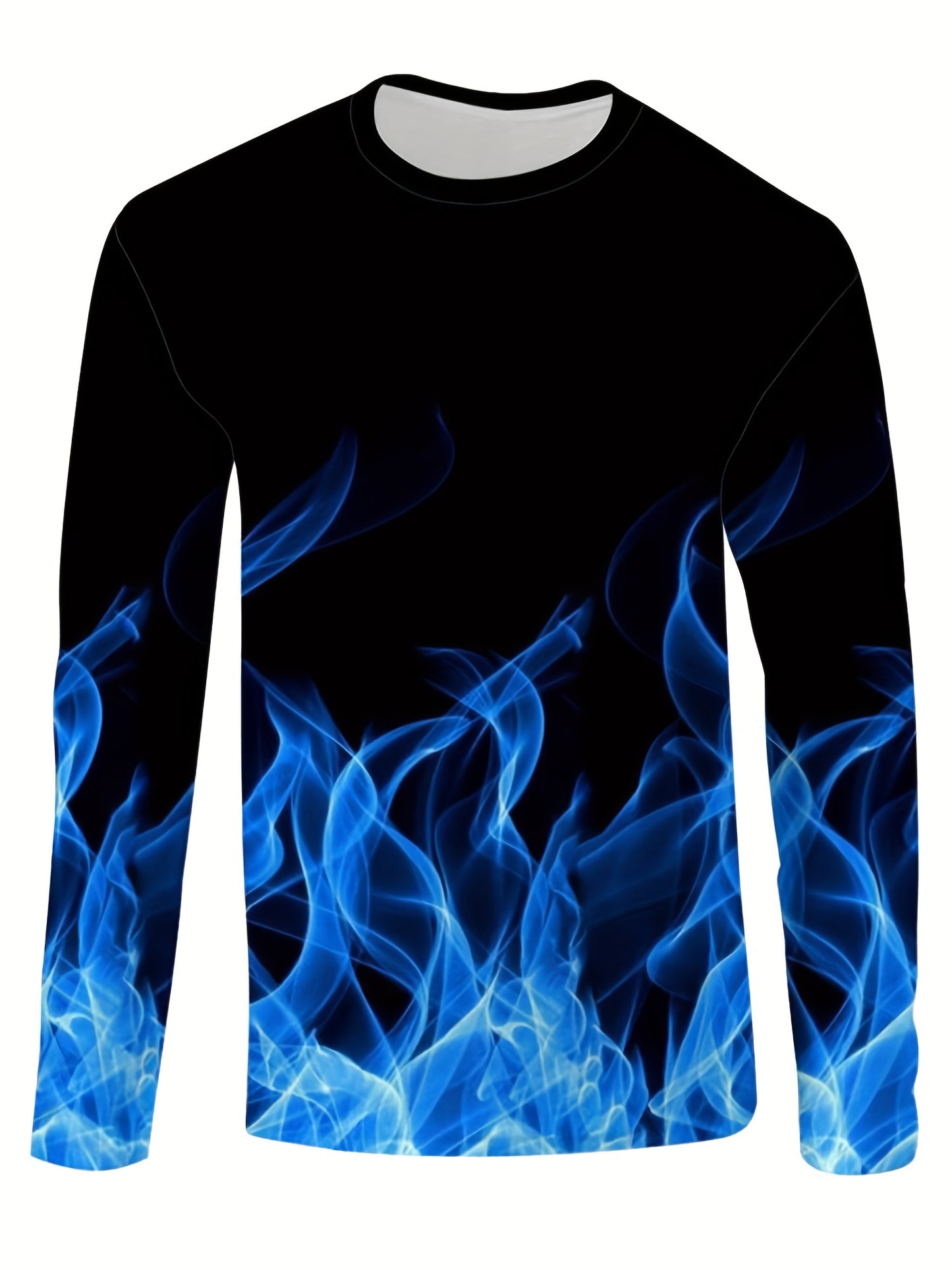 3D Digital Flame Print Men's Fashion Long Sleeve Crew Neck T-shirt, Men's Casual Tee For Spring Fall