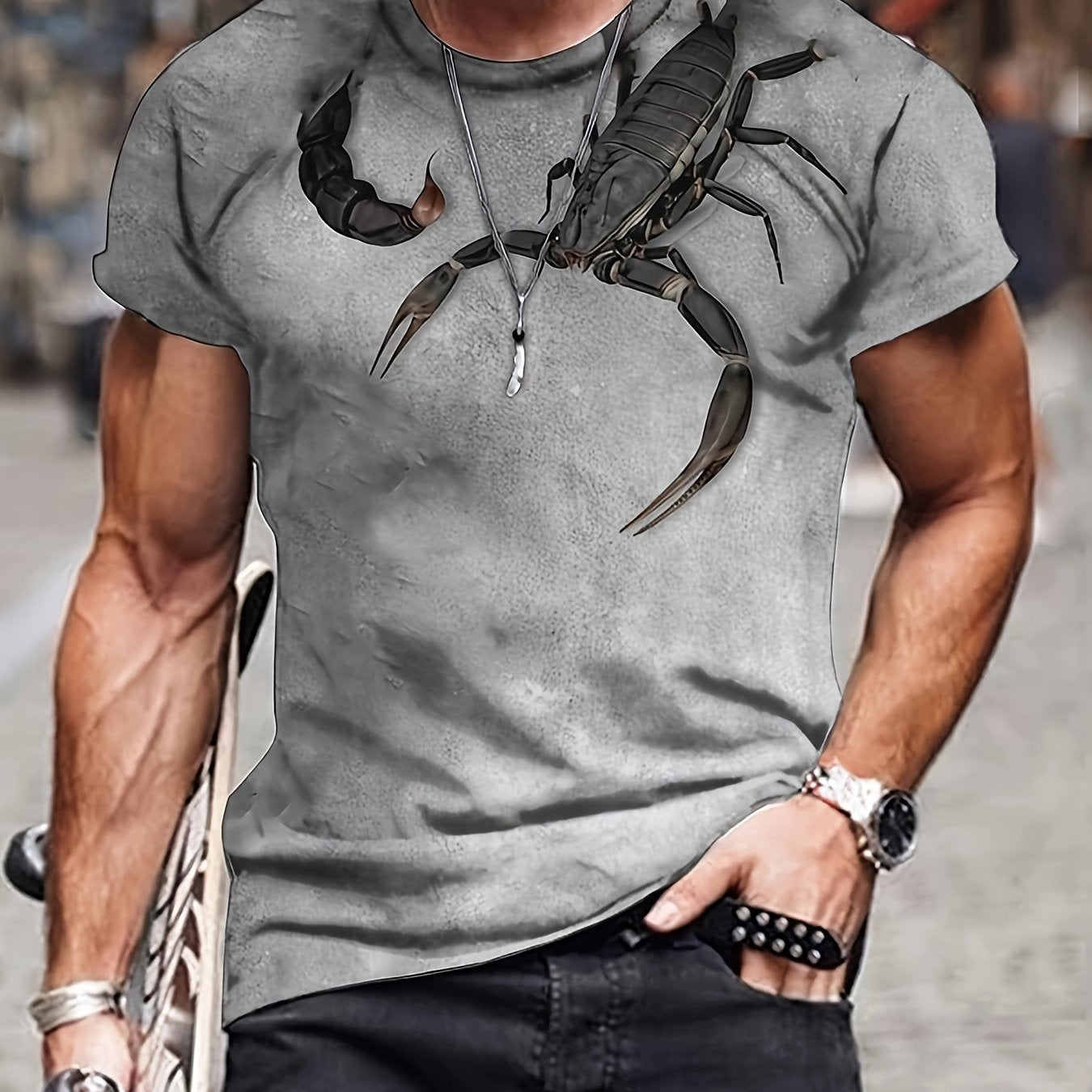 3D Scorpion Print, Men's Graphic Design Crew Neck Novel T-shirt, Casual Comfy Tees Tshirts For Summer, Men's Clothing Tops For Daily Vacation Resorts