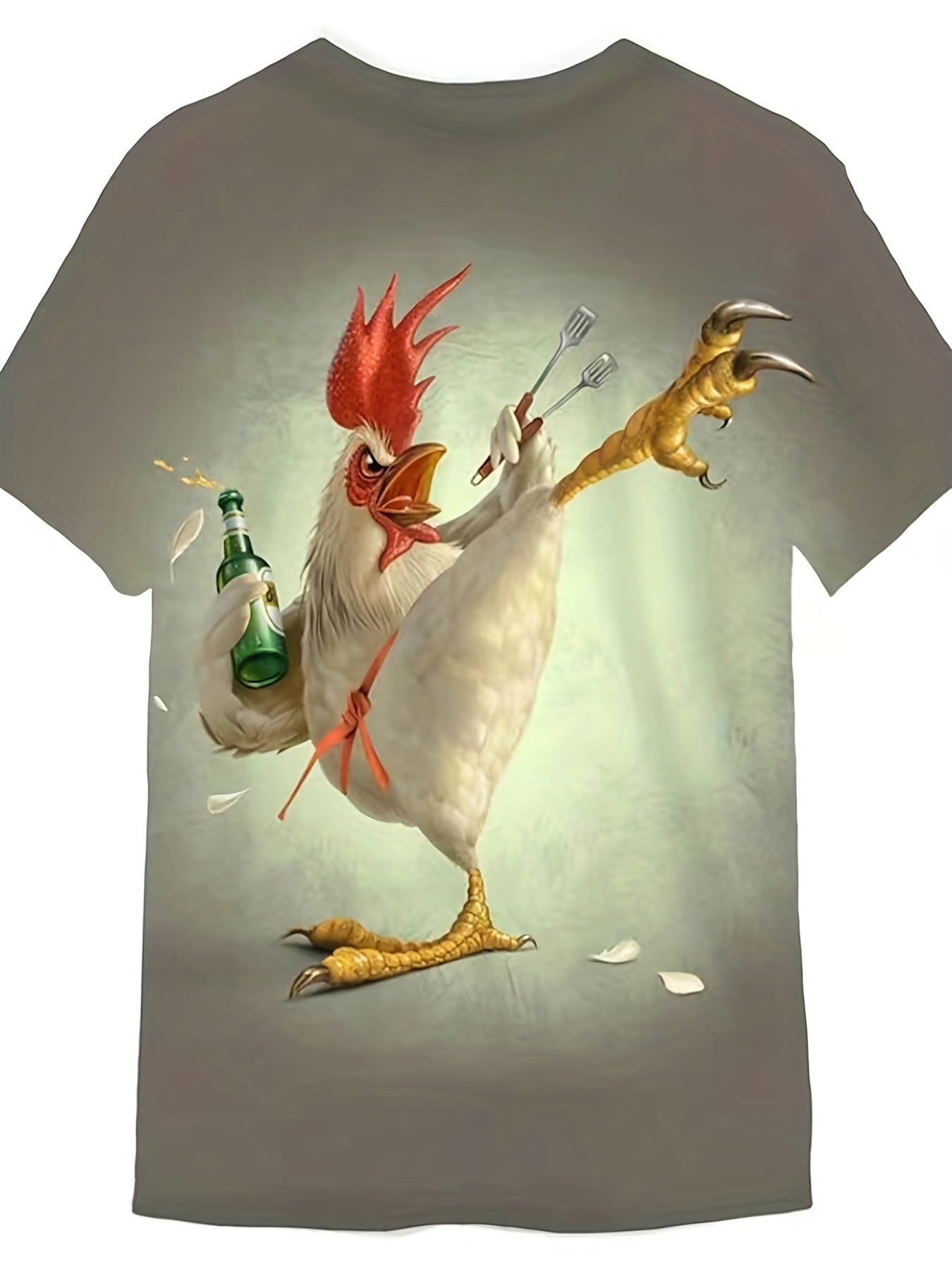 Kung Fu Rooster Pattern 3d PrintT-shirt, Men's Casual Slightly Stretch Round Neck T-shirt For Spring Summer